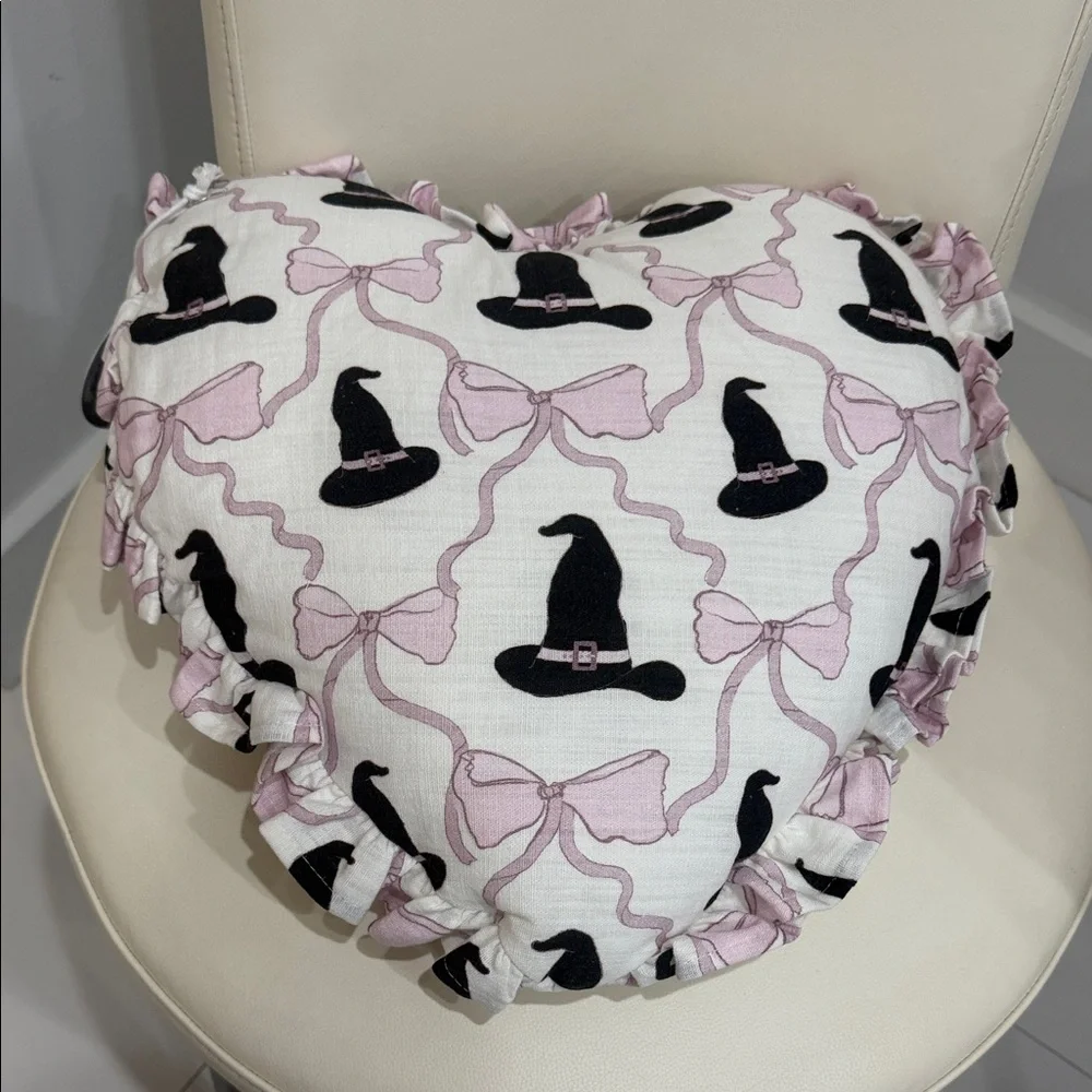 Full Moon Home Witch Hat & Bows White/Pink/Black Heart-Shaped Holiday Pillow